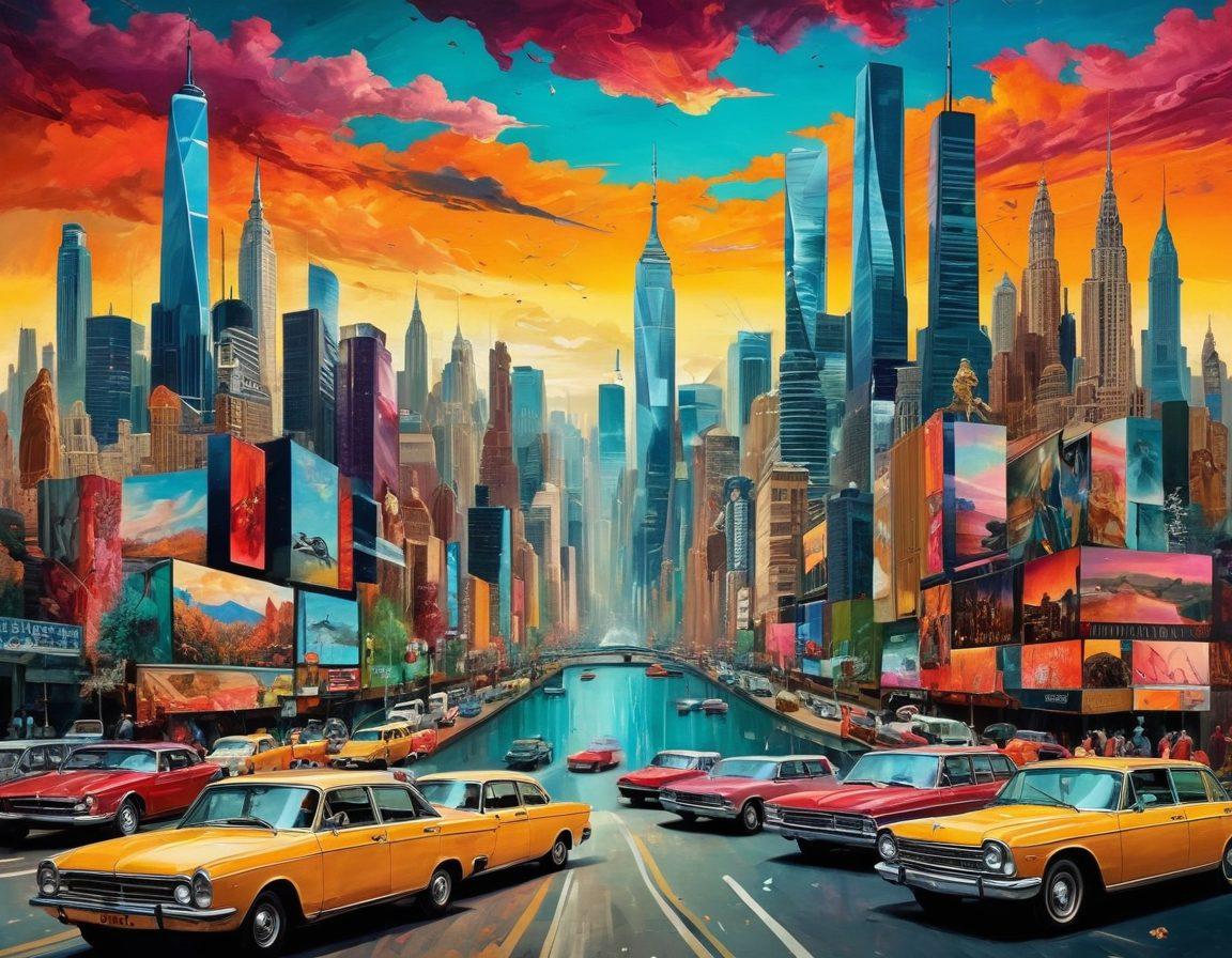 A dynamic collage showcasing iconic television scenes blended with famous artworks, like classic paintings morphing into vibrant TV screens. Include elements like paintbrushes and film reels intertwined, creating a tapestry of creativity. Use a futuristic city skyline in the background, symbolizing the new era of expression. The overall composition should evoke a sense of wonder and innovation. vibrant colors. super-realistic.