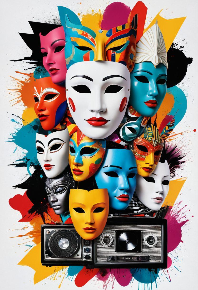 A vibrant collage of diverse artistic trends, featuring iconic elements from various cultures like traditional masks, abstract shapes, and modern pop art, intertwined with subtle representations of classic and contemporary TV shows. The background includes film reels and paint splashes, symbolizing the merging of entertainment and art. The scene is infused with dynamic colors and textures, engaging the viewer in a spirited conversation between visual art and television storytelling. super-realistic. vibrant colors. white background.